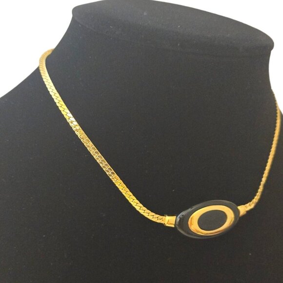 Crown Trifari Statement Black Gold Necklace Glam Vintage 80s 15" - Picture 3 of 9